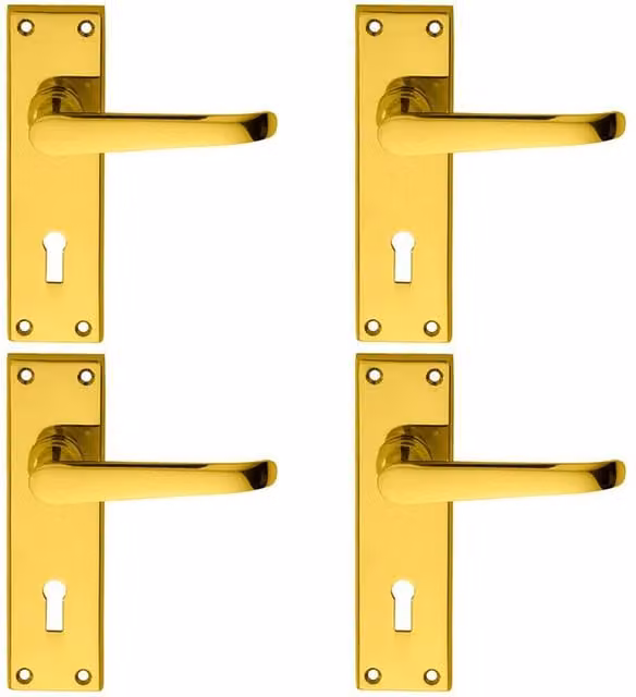 Loops 4 Pairs of Straight Victorian Handle on Lock Backplate in Polished Brass, 150 x 42 mm