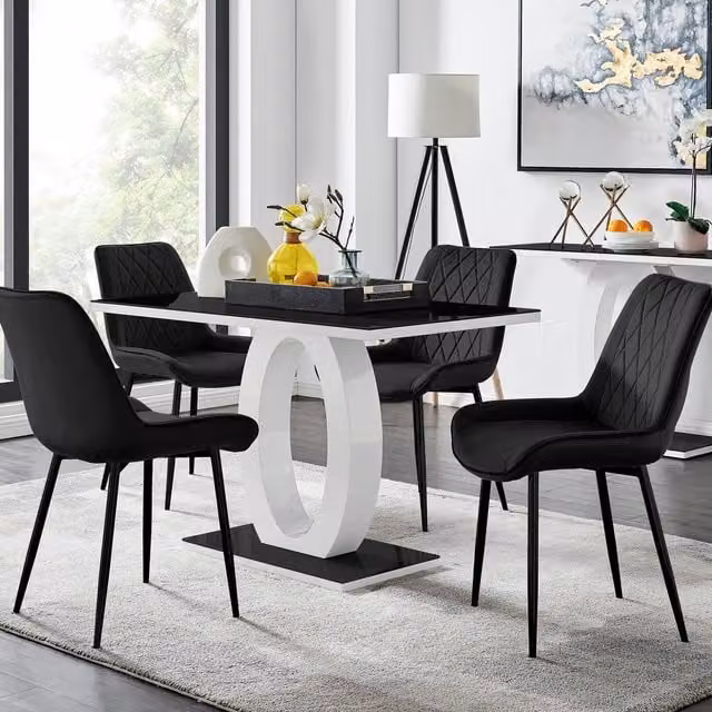 FurnitureboxUK Giovani Black Glass Dining Table and Four Pesaro Black Leg Chairs Set