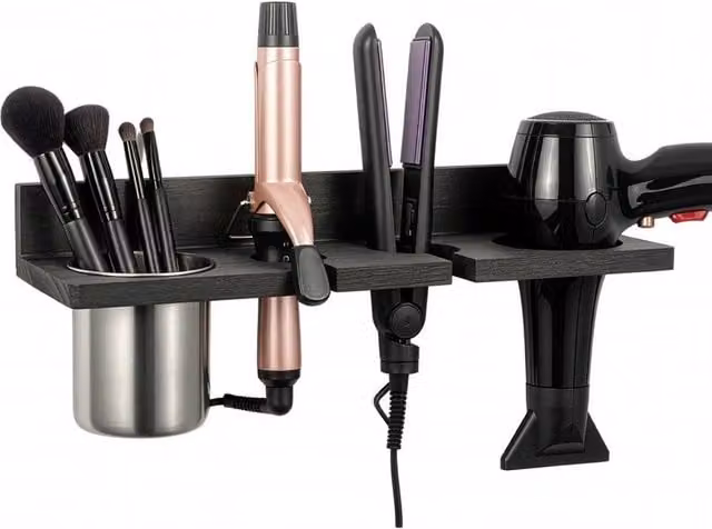 VOGREX Wall Mounted Metal Hair Dryer and Straightener Storage Rack in Black
