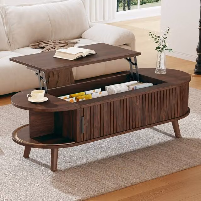 Rolipo Oval Lift Top Coffee Table in Brown with Hidden Storage and Height Adjustable Mechanism, W/D/H: 120 x 53.5 x 53.5 cm – 1