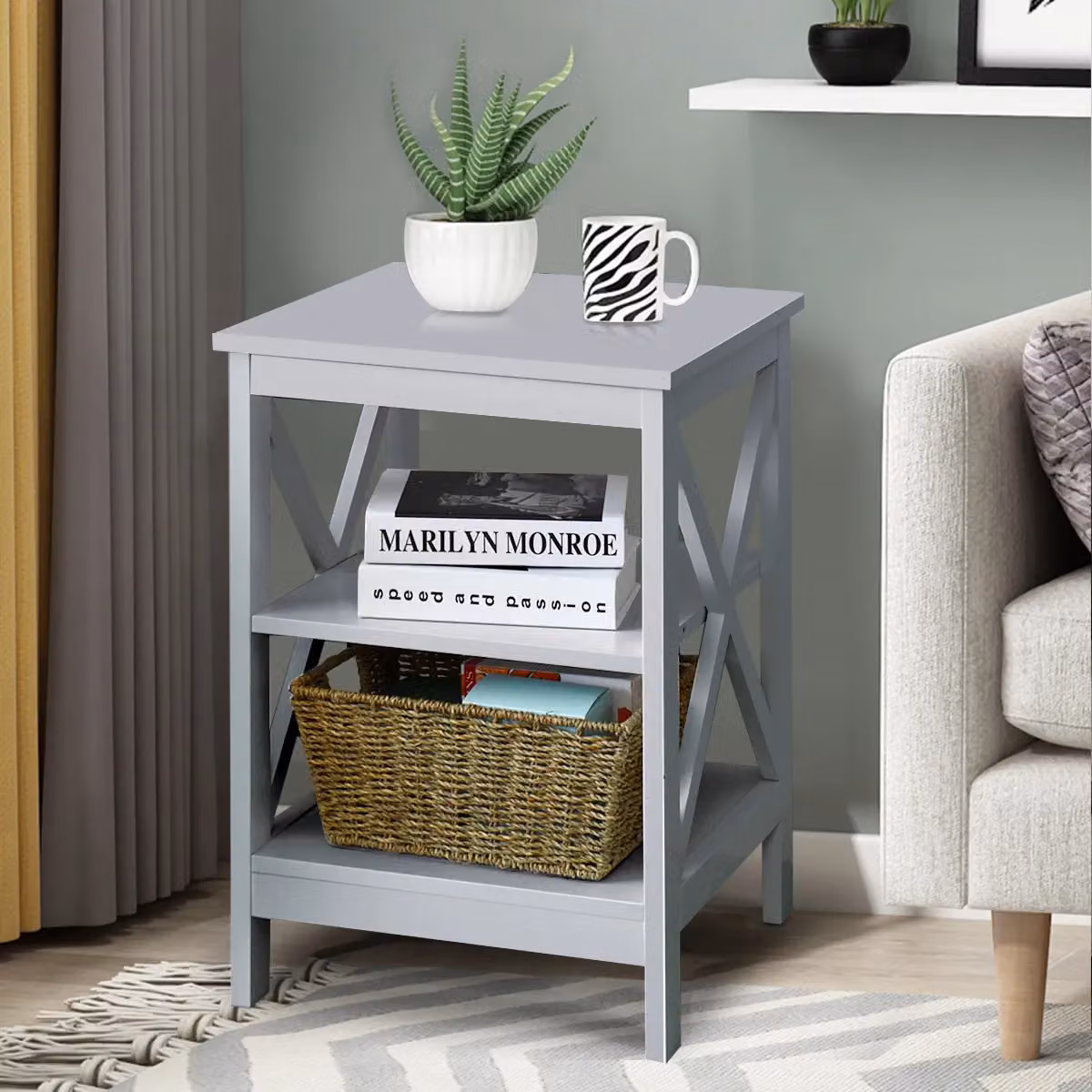 Gymax 3-Tier Side End Table with X-Design in Light Grey – 5