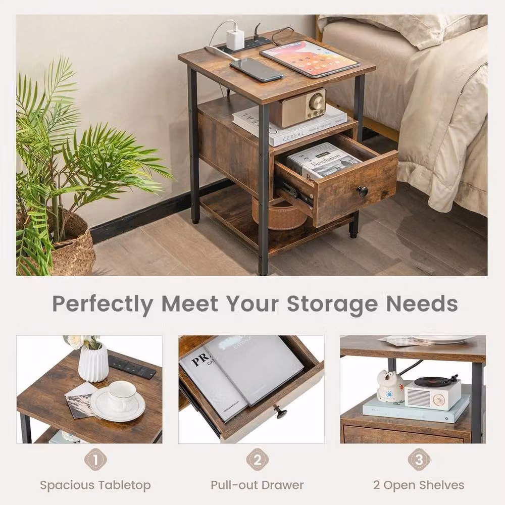KORVIXA 3-Tier Brown Modern Nightstand and Bedside Side Table – 3