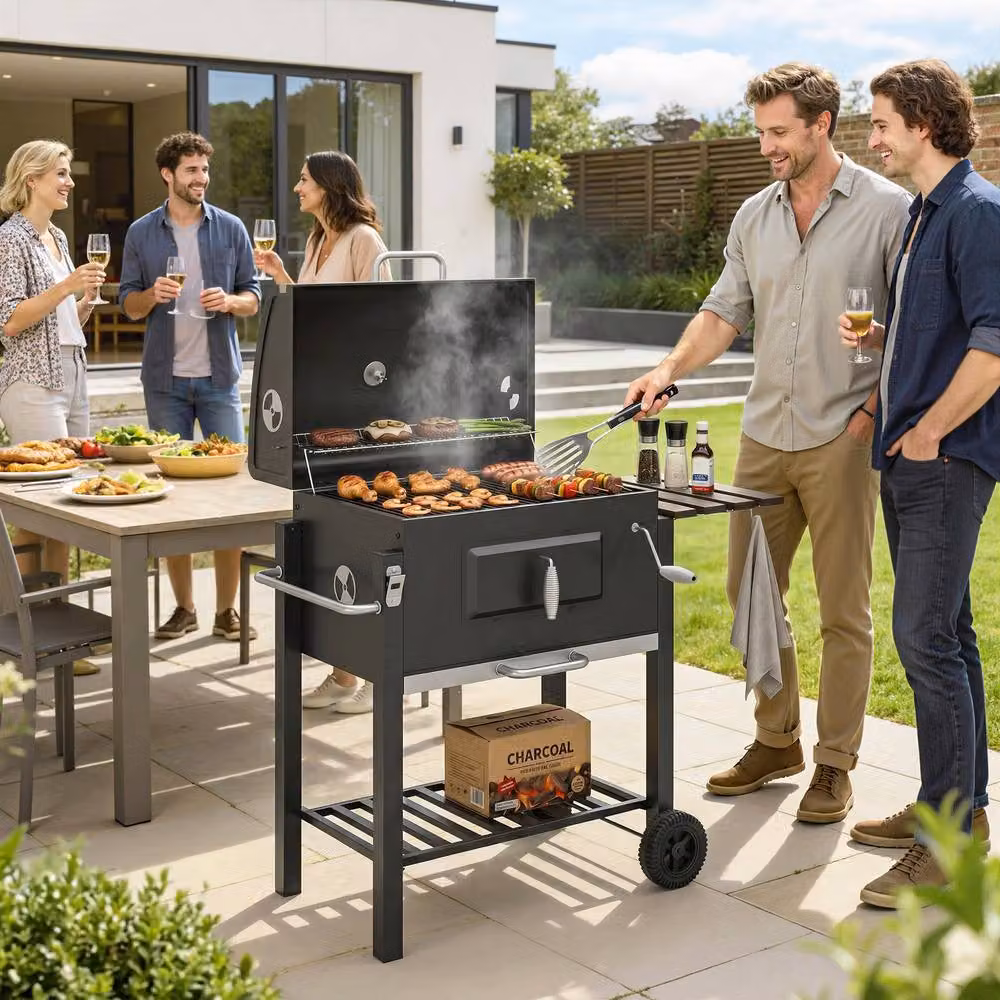 Rolipo Charcoal Grill with Height-Adjustable Coal Pan, Warming Rack and Thermometer, Black – 4