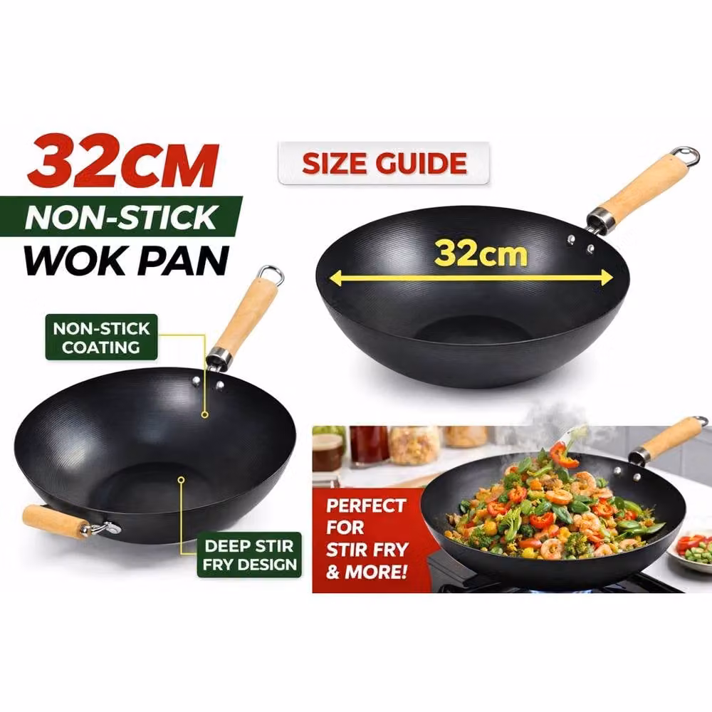 Ventryn Non Stick Wok Deep Cooking Pan with Wooden Handle, Black, Diameter: 32 cm – 5