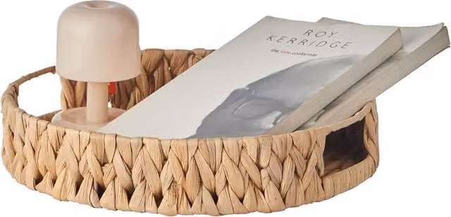 Eden & Willow Round Natural Fibre Woven Serving Tray with Handles in Brown and Beige