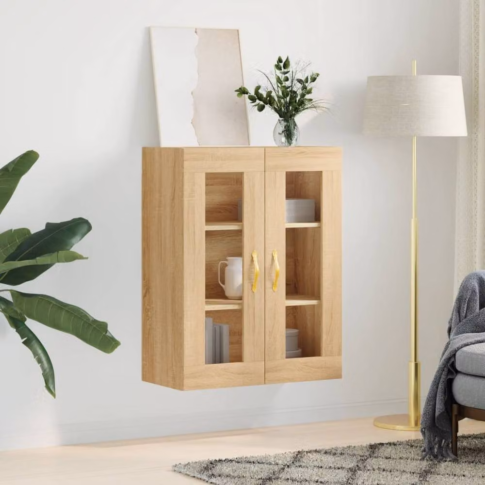 Berkfield Home Wall Mounted Sonoma Oak Cabinet with Glass Doors in Beige, W: 69.5 cm, D: 34 cm, H: 90 cm – 2