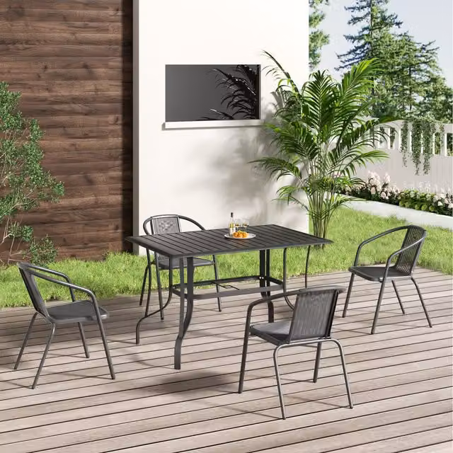 Livingandhome Modern Metal Slatted Garden Coffee Table and 4 Rattan Chairs Set in Anthracite Grey, Table Width: 120 cm