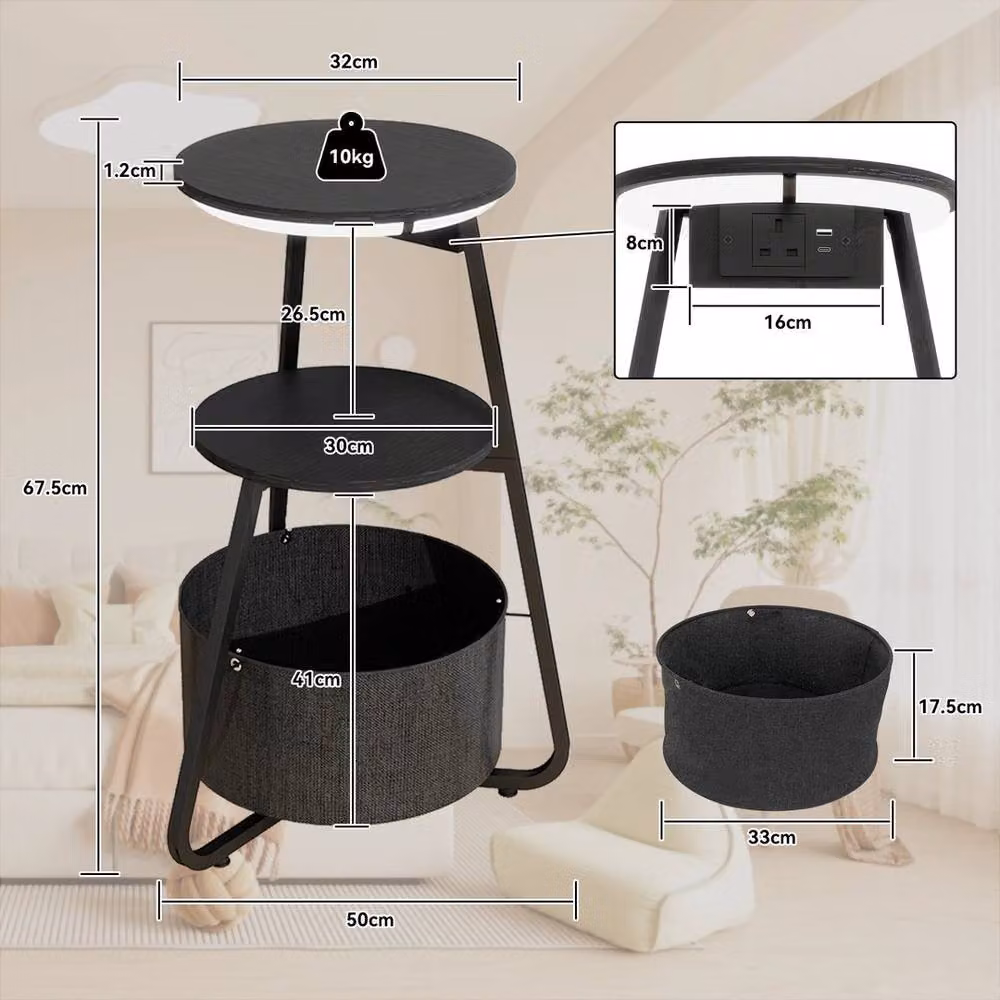 EONLION Modern Round Black Side Table with 3-Tier Glass and Metal Storage – 2