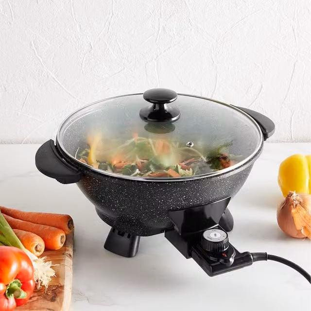 VonShef 5L Electric Wok Pan with Tempered Glass Lid, Black