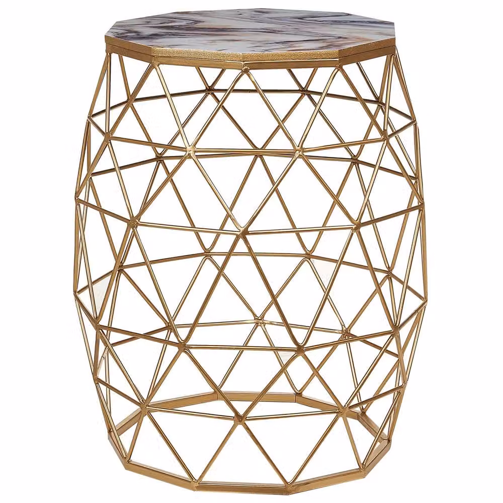 Wyld and Coco Gold Marble-Effect Round Side Table with MDF Top and Iron Cage Base, Height: 43 cm – 2