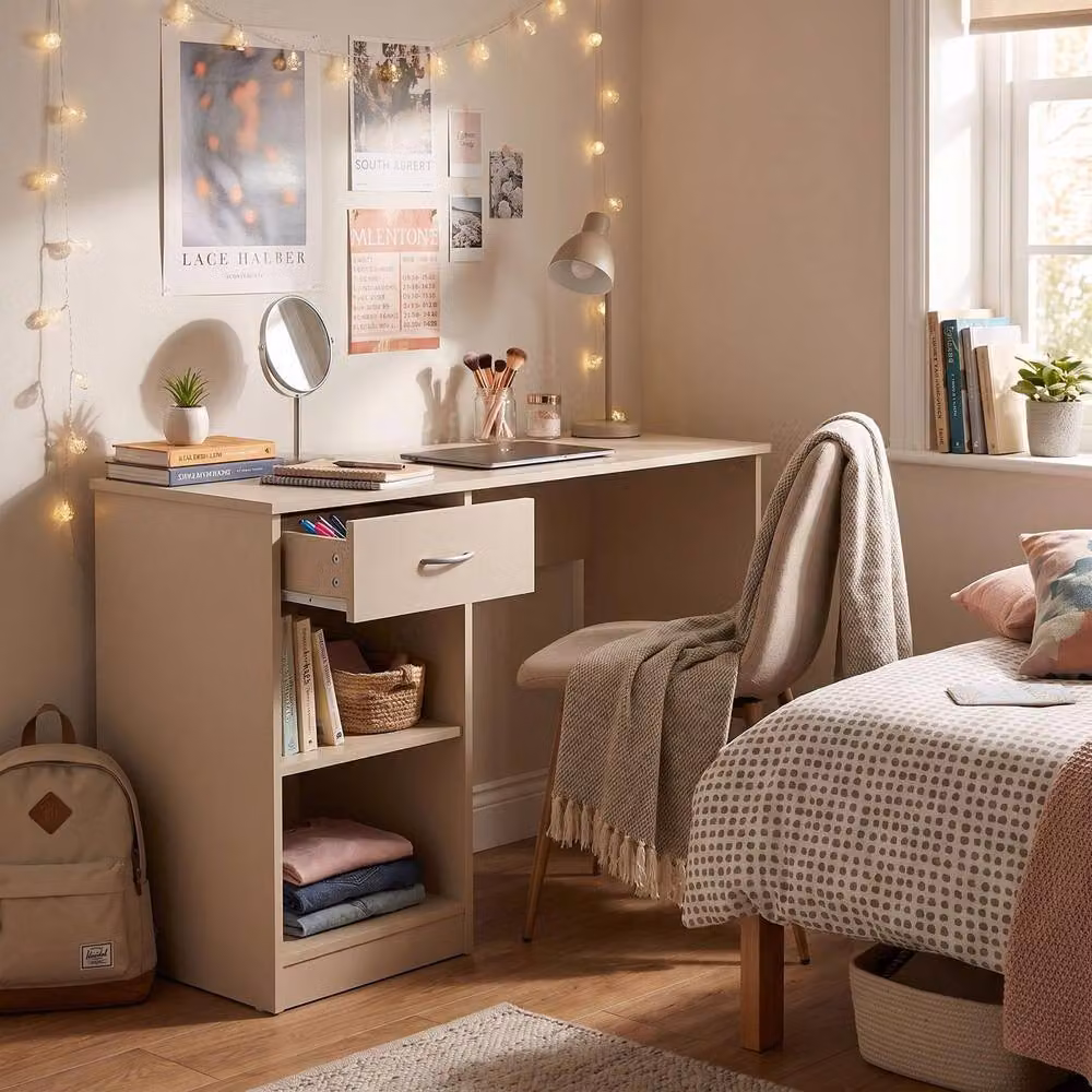 FWStyle Promo Putty Modern Writing Desk and Dressing Table with 1 Drawer and 2 Shelves in Beige – 3