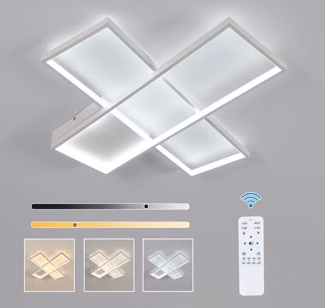 Pheashine Modern Rectangular LED Ceiling Light in White with Remote Control and Stepless Dimming