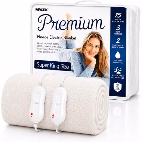 Mylek White Fleece Fitted Heated Mattress Cover Superking, W/D/H: 203 x 182 x 40 cm