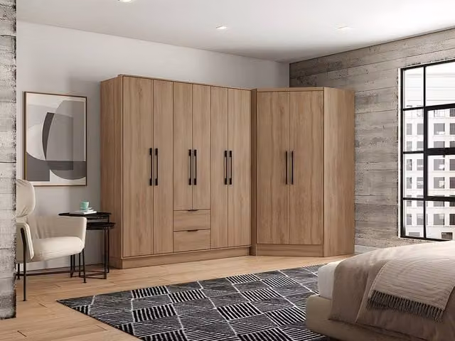 Vente-unique 8-Door Corner Wardrobe with 2 Drawers in Natural Light Oak, W: 263.5 cm, H: 182 cm, D: 60 cm