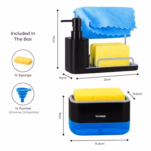 Innoteck Sink Organiser Set in Black with Dual Soap Dispenser, Sponge Holder and Removable Drip Tray (370ml + 350ml Capacity) – 5