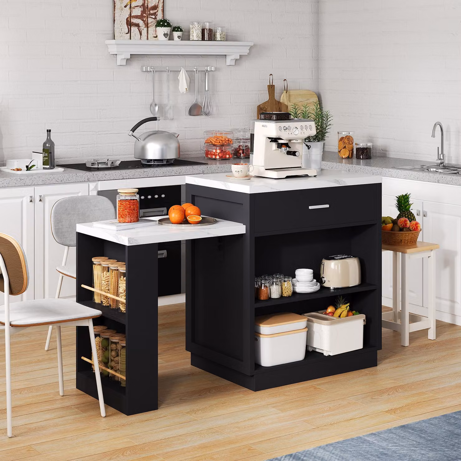 Aosom UK Black Versatile Kitchen Island with Extendable Dining Table and Adjustable Shelf, W: 211 cm, D: 55 cm, H: 89.5 cm – 7