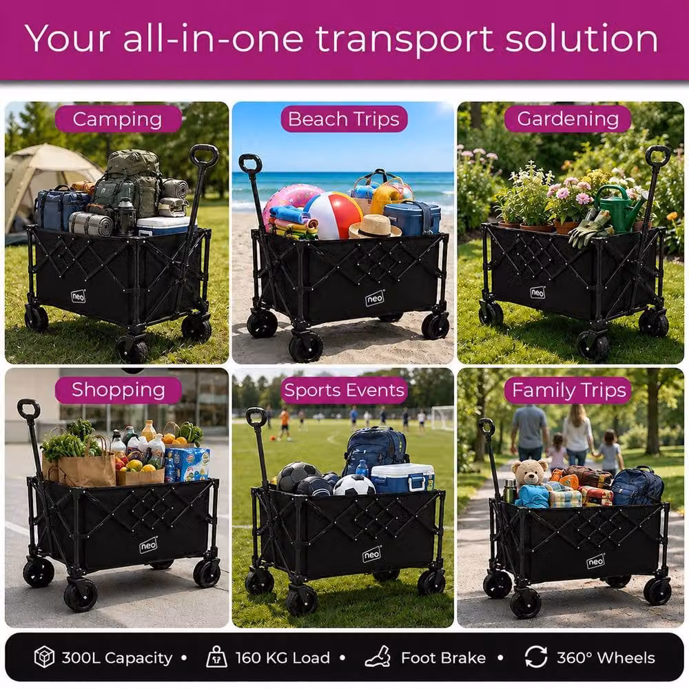 Neo XL Heavy Duty Folding Wagon Cart with Adjustable Handle, 300L, Black – 4