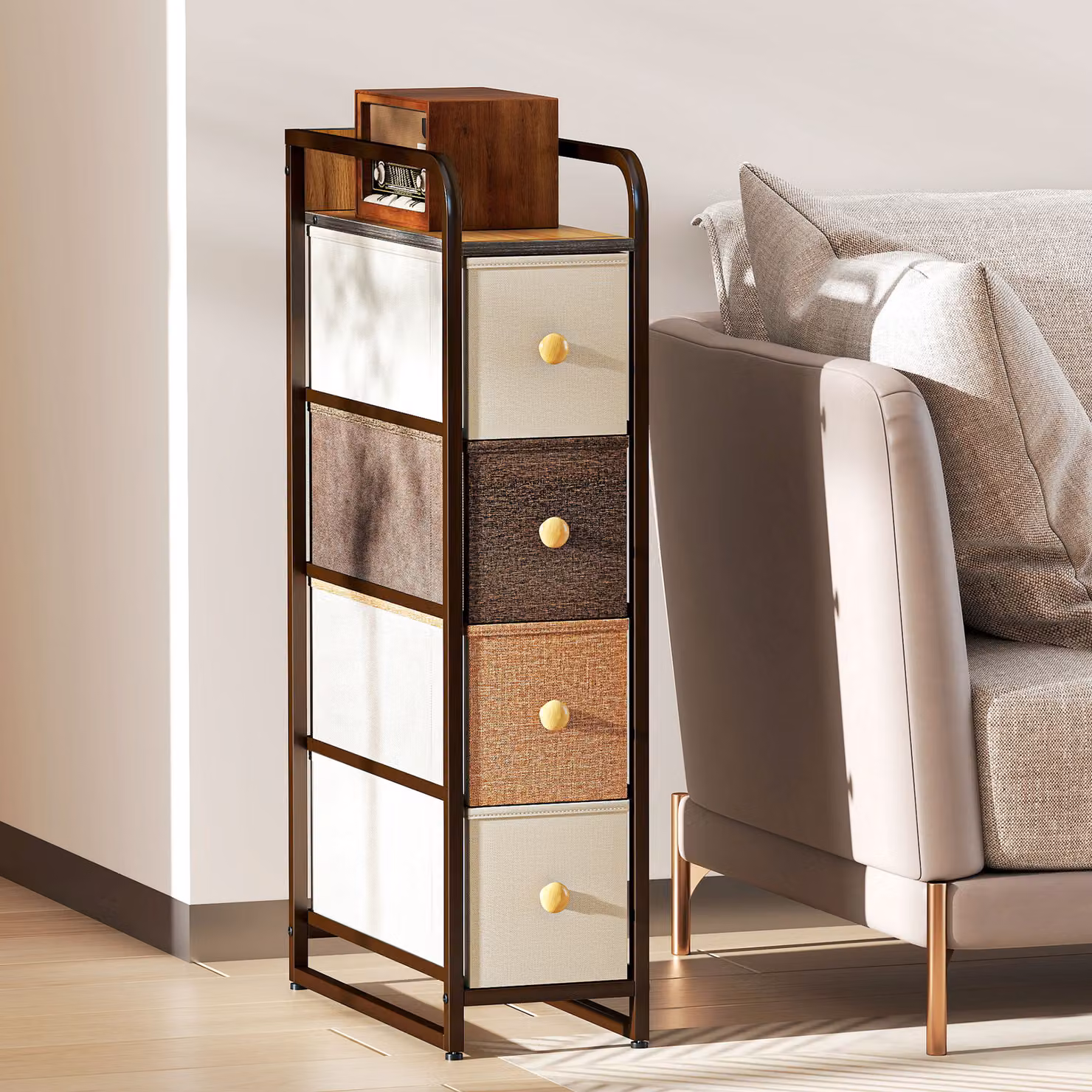 HOMCOM 4-Drawer Storage Organiser Unit with Steel Frame in Mixed-Brown and Multicolour – 7