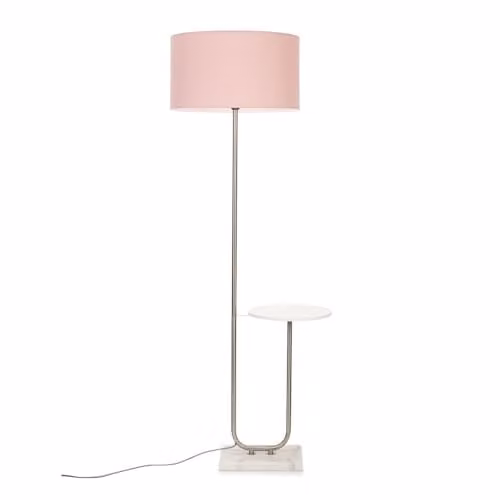 ValueLights MiniSun Floor Lamp with Brushed Chrome Stem, Marble Base and Blush Pink Fabric Shade – 1