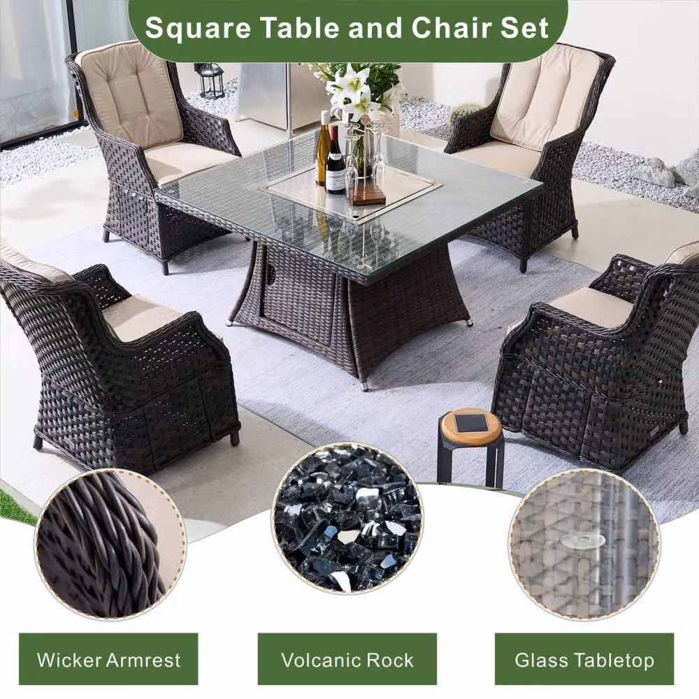 Direct Wicker 5-Piece Outdoor Dining Set with Square Fire Pit Table in Brown – 2