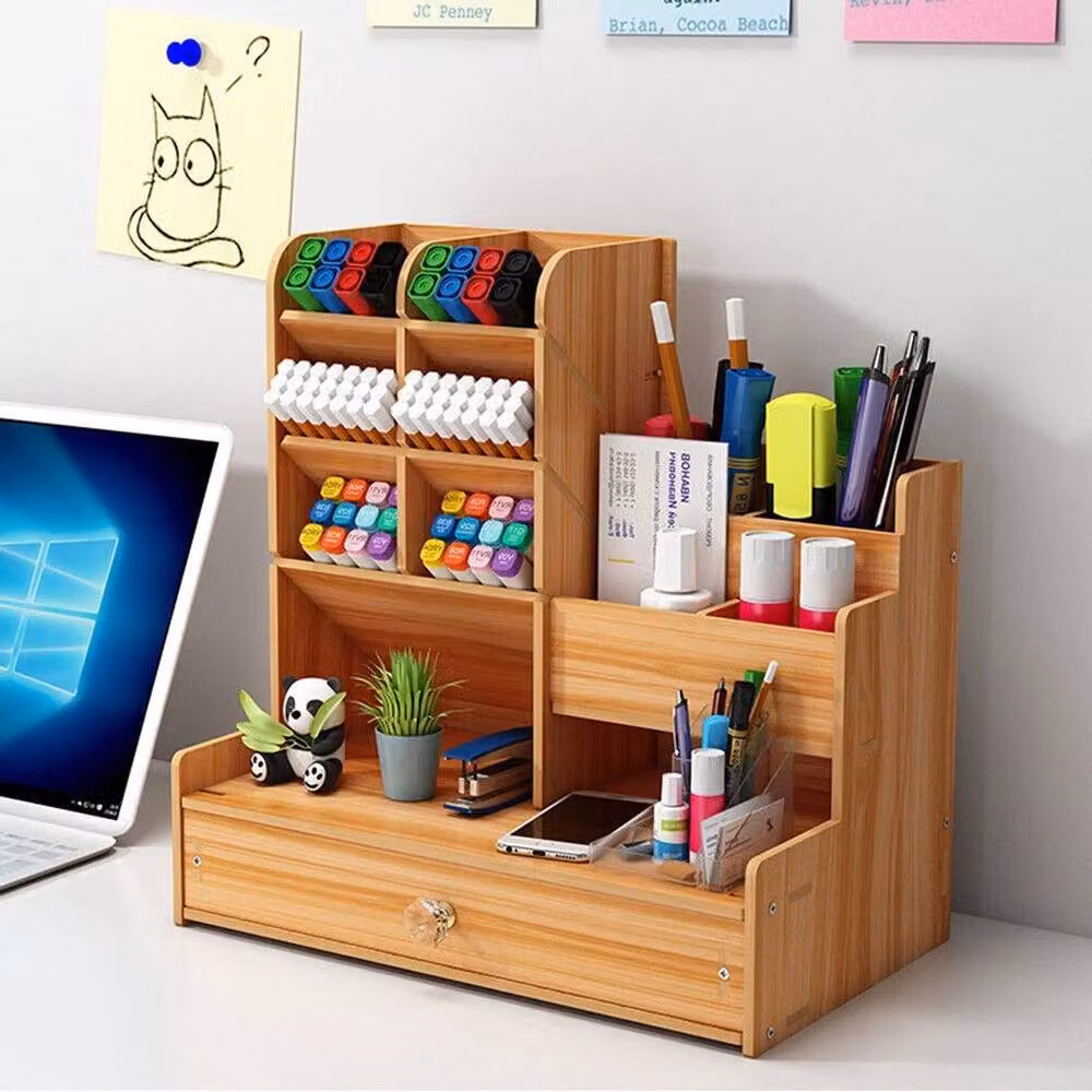 FORGEVIO Wood Desktop Organizer and Pen Holder in Beige and Brown – 3