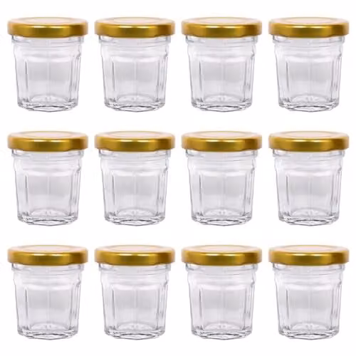 Argon Tableware Glass Jam Jars with Gold Metal Screw Top Lids, 30ml, Pack of 12, Transparent