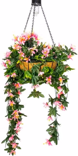Primrose Artificial Hanging Basket with Pink Durantas and Solar LEDs in Red