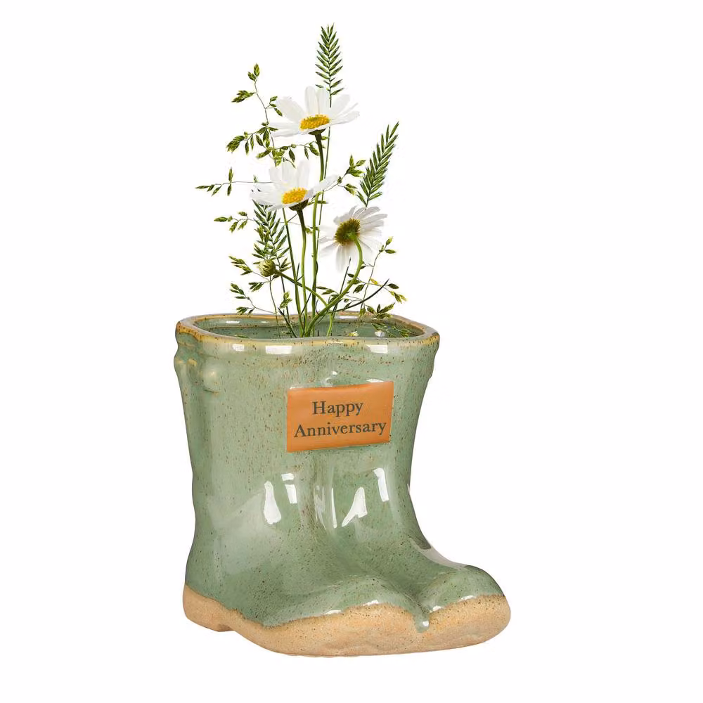 Dibor Small Green Ceramic Boots Flower Planter with Happy Anniversary Engraved Plaque, H10 x W12 cm – 2