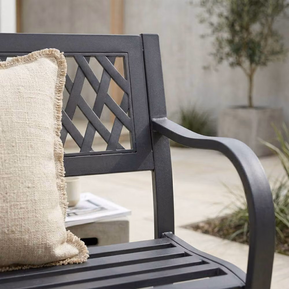 HD Designs Black Matt Metal 3 Seater Lattice Garden Bench with Geometric Vintage Design – 5