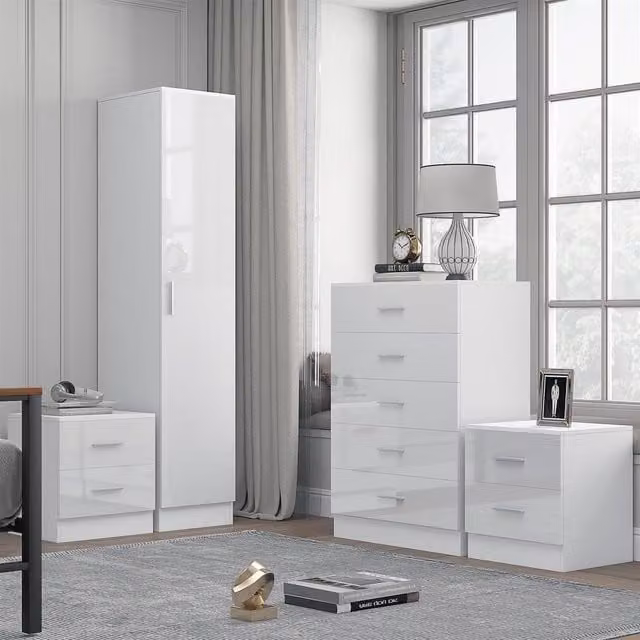 REFLECT Bedroom Furniture Set in White High Gloss and Matt White, including 1 Door Wardrobe, 5 Drawer Chest and 2 Bedsides