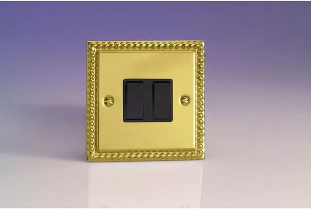 Varilight XG2B Georgian Brass 2-Gang Rocker Switch in Black and Yellow