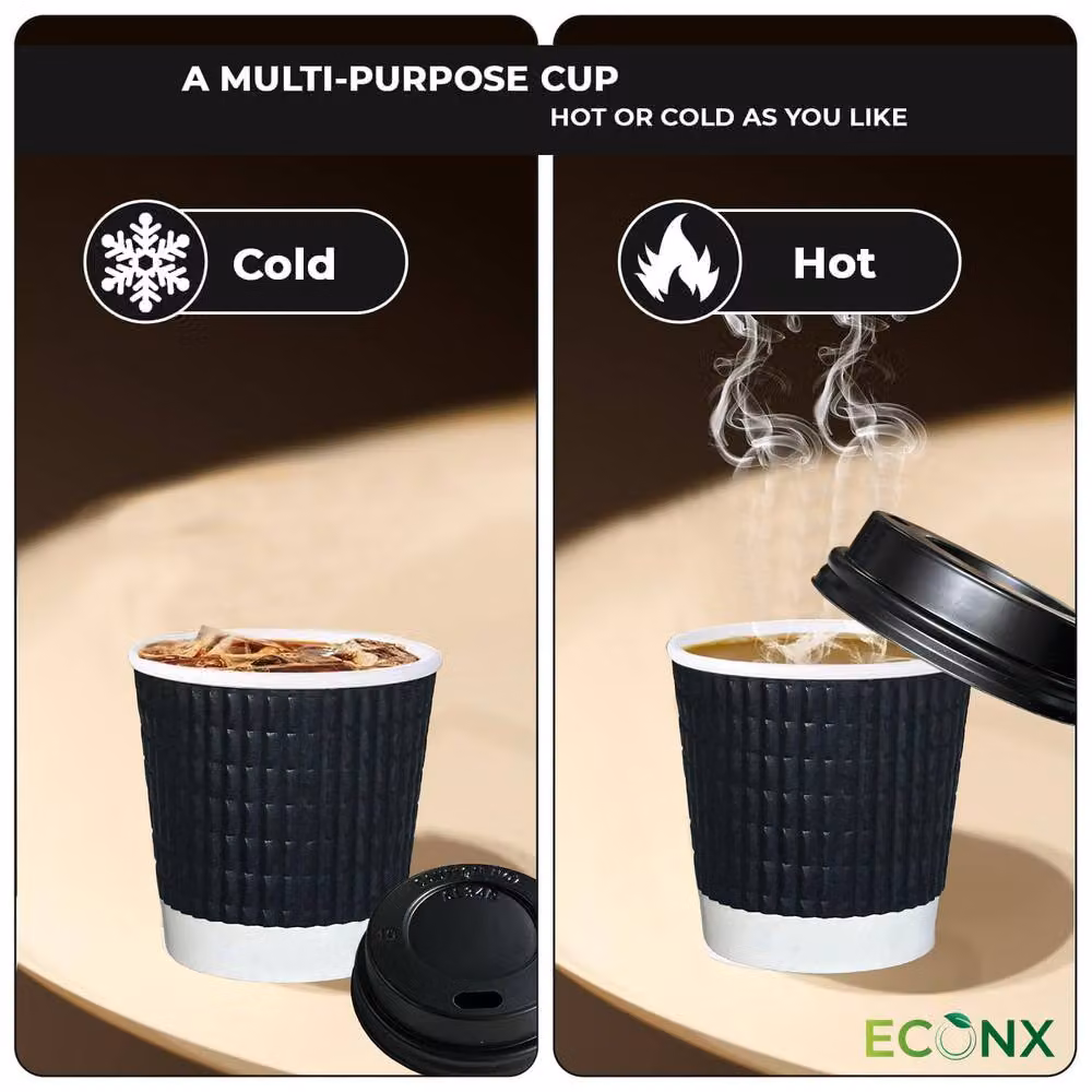 ECONX 100 Black Triple Layer Ripple Paper Coffee Cups with Lids, 4oz – 4
