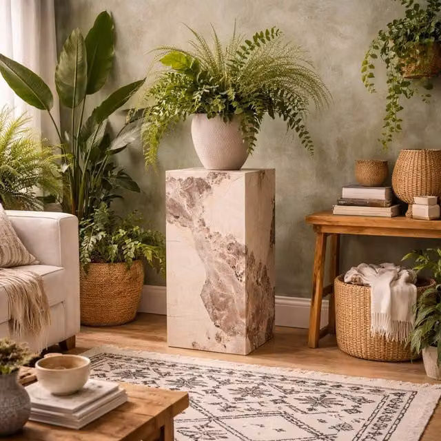 Wyld Haus Dingle Brown Pandora Marble Effect Small Pedestal Side Table – 1