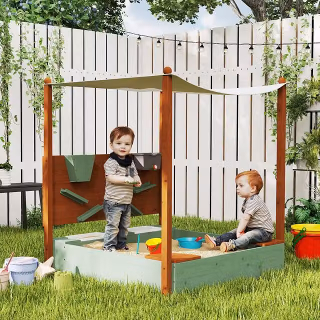AIYAPLAY Wooden Kids Sandpit with Canopy and 2 Storage Bins, Green