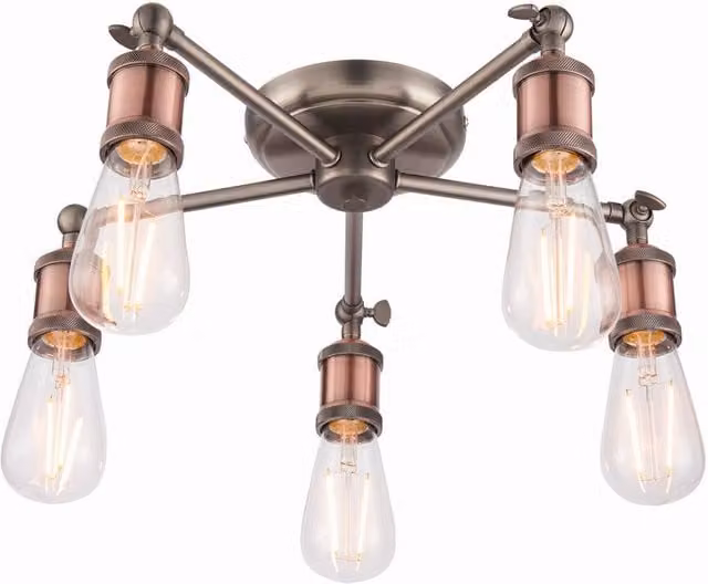 Endon Hal 5 Light Semi Flush Ceiling Light in Aged Pewter and Copper with Glass Shades and E27 Fitting