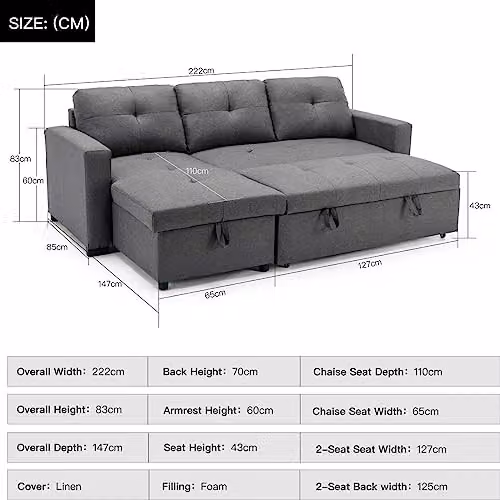 More4Homes Newport Reversible Fabric Corner 3 Seater Sofa Bed with Storage in Grey – 3