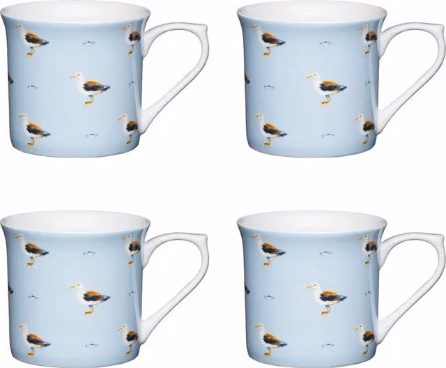KitchenCraft Seagull Fluted Ceramic Stoneware Mugs, Set of 4, White and Blue