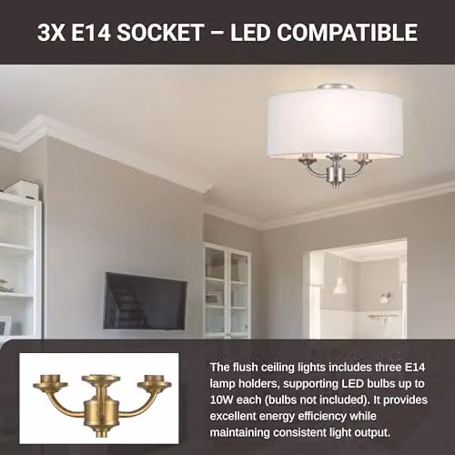 Cosylyte Winston 3-Light Semi Flush Ceiling Light with Silver Base and Beige Fabric Drum Shade, E14 LED Compatible – 3