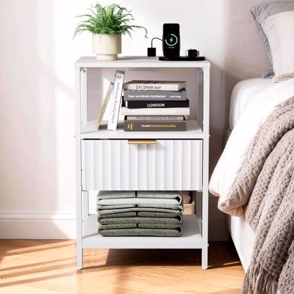 FORGEVIO Wood Bedside Table with Charging Station and 1 Drawer in White – 3