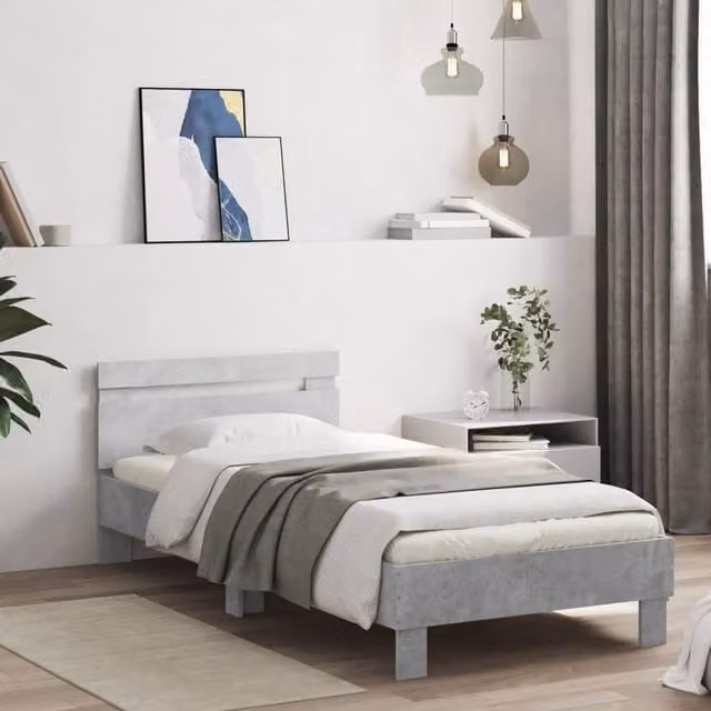 Berkfield Home Durable Bed Frame with Under-Bed LED Lights in Concrete Grey, W/D/H: 90 x 200 x 70 cm – 1