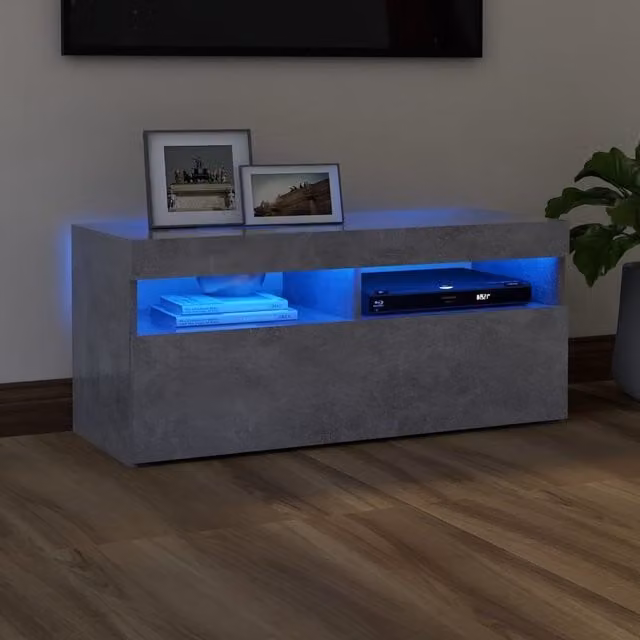 Berkfield Home Modern TV Cabinet with LED Lights in Concrete Grey, W/D/H: 90 x 35 x 40 cm – 1