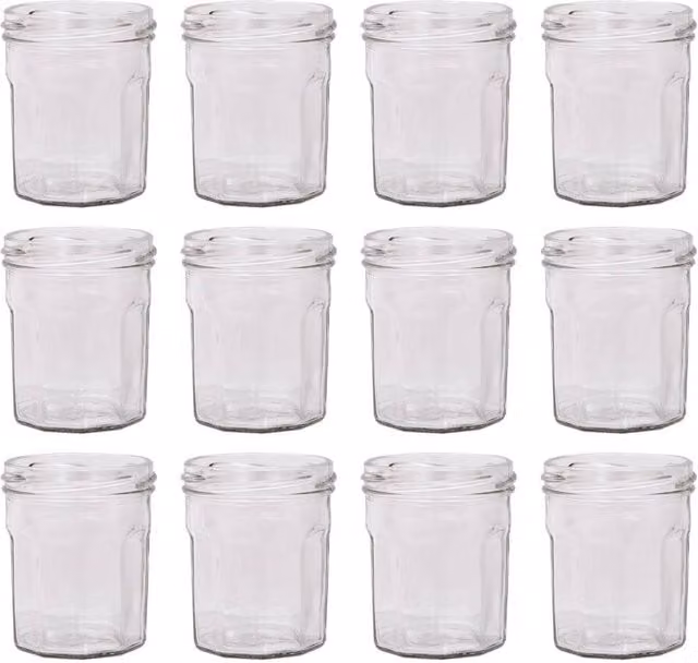 Argon Tableware Set of 12 Clear Glass Jam Jars with Black Screw Top Lids, 150ml