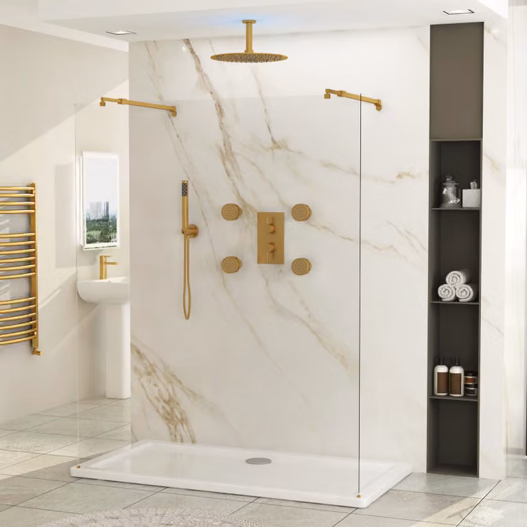 Royal Bathrooms Marbella Walk Through Wet Room Shower Screen, 110 cm x 185 cm, 8 mm Clear Glass with Brushed Brass Support Arms