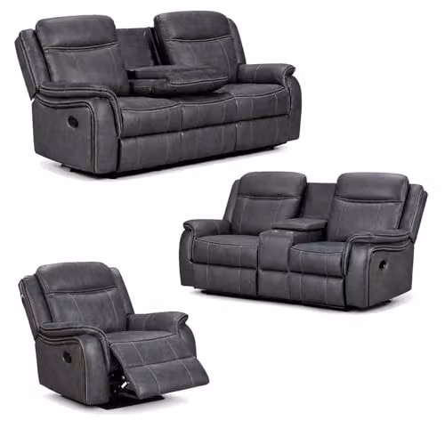 Furnishings For Less UK Tara 3 Piece Reclining Sofa Suite in Grey Leather Look Fabric with Cup Holders, including 3 Seater Sofa, 2 Seater Sofa and Armchair