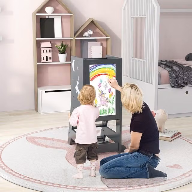COSTWAY 2-in-1 Toddler Kitchen Stool Helper in Grey