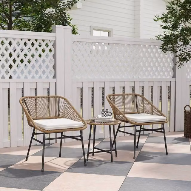OUTSUNNY Rattan Bistro Set with Cushions in Natural and Light Grey – 1