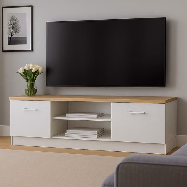 Heze Furniture Modern Compact TV Unit with Storage in White and Oak Matt Finish