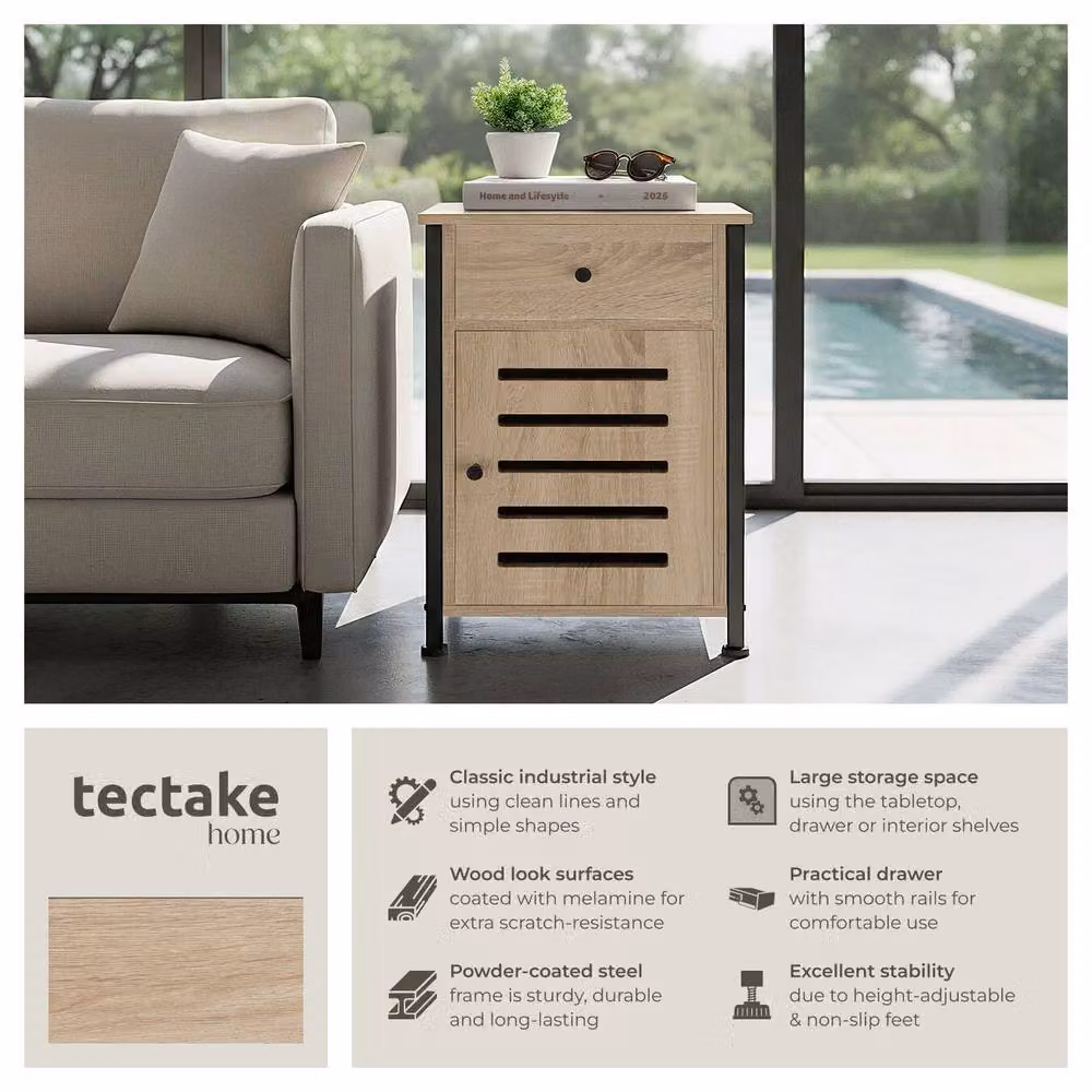 tectake Waterford Bedside Table in Light Oak with Shelf, Drawer and Cupboard, W/D/H: 40 x 42 x 60.5 cm – 2