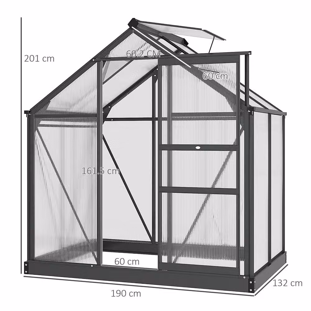 STILVORA Grey Walk-In Greenhouse with Aluminium Frame, Polycarbonate Panels, Sliding Door, Window and Rain Gutter, W/D/H: 201 x 121.92 x 132 cm – 3
