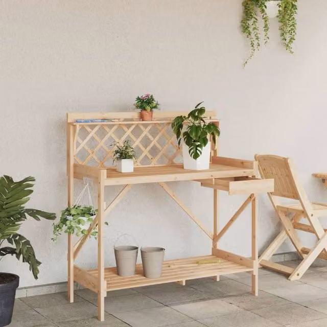 Berkfield Home Potting Bench with Trellis in Light Brown Solid Wood, W/D/H: 117 x 50 x 50 cm